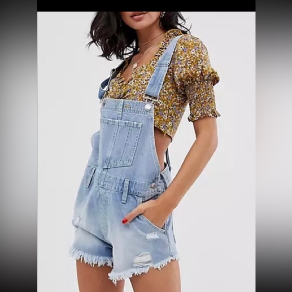 FP Movement by Free People Light Blue Denim Short Overalls